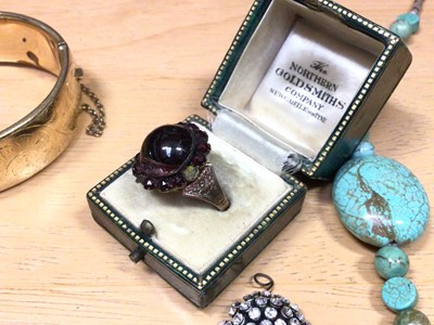 Lot 114 - Victorian bohemian garnet cluster ring, carved shell cameo brooch depicting possibly Eos, Chinese silver floral brooch etc
