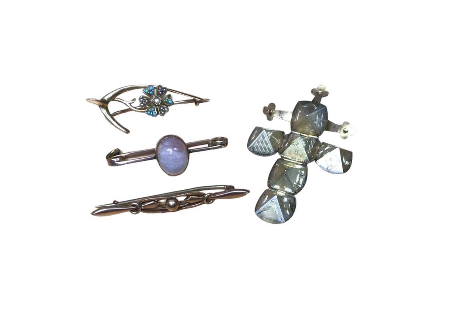 Lot 34 - Edwardian 15ct gold seed pearl and turquoise floral brooch, two 9ct gold bar brooches and 9ct gold spherical charm which unfurls to reveal a cross engraved with Masonic and other symbols