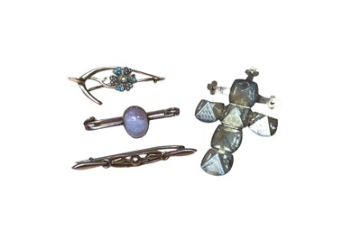 Lot 34 - Edwardian 15ct gold seed pearl and turquoise floral brooch, two 9ct gold bar brooches and 9ct gold spherical charm which unfurls to reveal a cross engraved with Masonic and other symbols