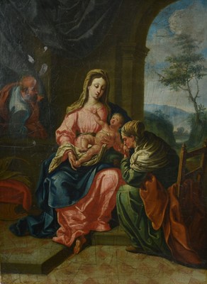 Lot 1197 - Italian School late 18th century, oil on oak panel - The Adoration of the Baby Jesus, 45cm x 34cm, unframed