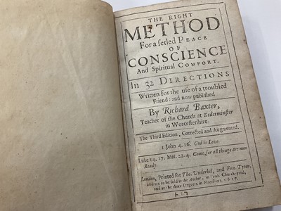 Lot 1709 - Richard Baxter - The right method for a settled peace of conscience, and spiritual comfort in 32 directions, 1657, later full calf binding, 17cm high