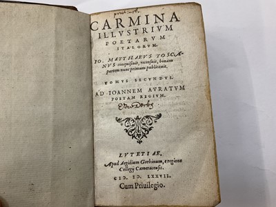 Lot 1715 - Carmina Illustrium Poetarum Italorum, pub. 1577, full calf, 12cm high, together with Ovidii Nasonis, with doodling to end papers. (2)