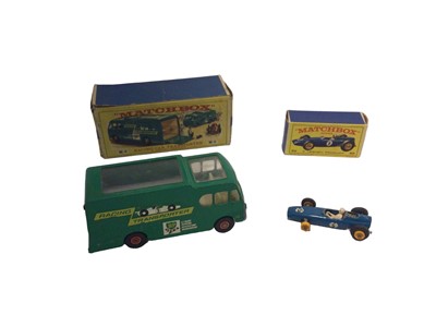 Lot 1896 - Britains 1:32 Scale Betle Lory No.1877, boxed, LWB Land Rover with mounted machine gun, Matchbox Racing Car Transporter M-6, boxed, Lone Star Impy Timber Truck No.60, boxed, Matchbox BRM Racing Car...