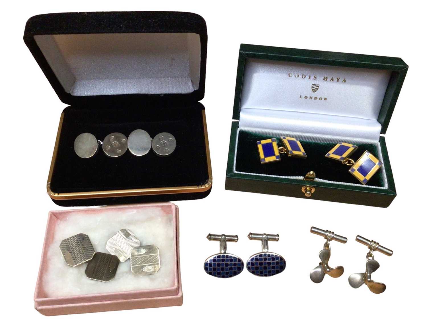 Lot 46 - Four pairs of silver cufflinks and one other enamelled pair