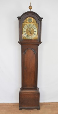 Lot 1082 - George III oak longcase by Francis Thorn of Colchester, the arched brass dial with silvered chapter ring and caldener aperture, in dome top case, 204cm with pendulum