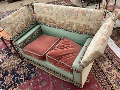 Lot 1494 - Knowle settee, with Bayeux tapestry embroidery frieze and drop ends, approximately 156cm wide