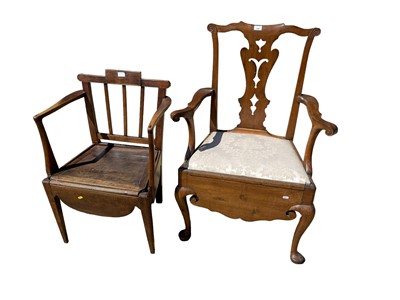 Lot 149 - 18th century fruitwood commode chair, with pierced splat and slip in seat on deep scroll carved frieze and cabriole legs, together with another fruitwood commode chair. (2)