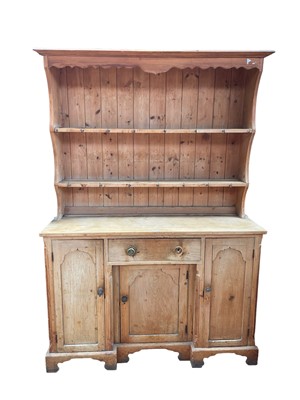 Lot 151 - Antique pine two height kitchen dresser with single drawer to base surrounded by three cupboards, 126cm wide x 44cm deep