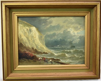 Lot 1246 - Attributed to Thomas Luny (1759-1837) oil on panel - Coastal Scene with figures by cliffs, 15.5cm x 20.5cm in gilt frame