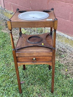 Lot 160 - Antique mahogany hanging shelves, 80w x 16d x 83h, together with a Georgian mahogany washstand