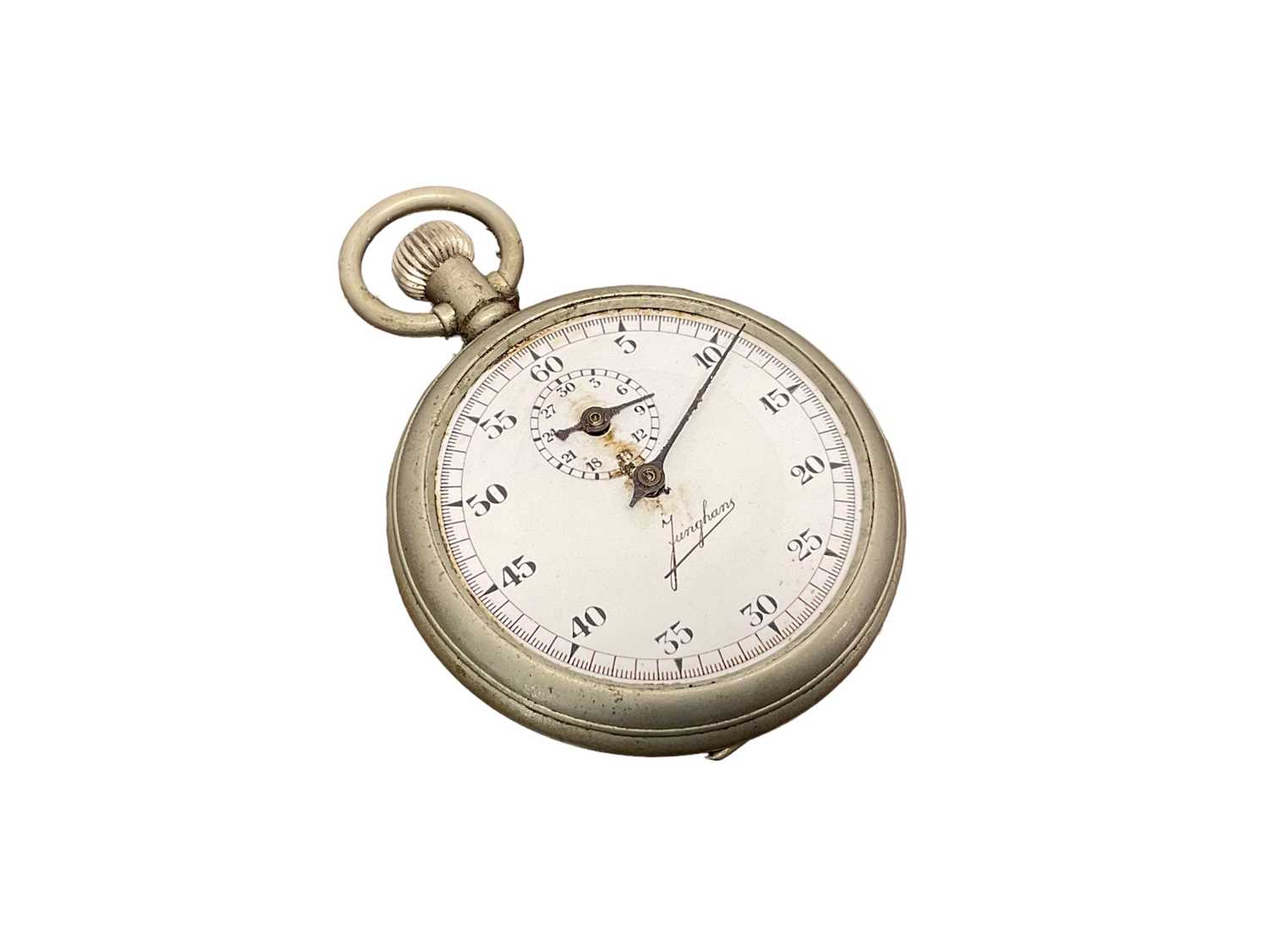 Lot 759 - Second World War Nazi German Kriegsmarine stopwatch, with white enamel dial signed Junghans, rear of case marked with eagle and swastika and numbered 3242.