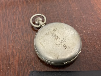 Lot 759 - Second World War Nazi German Kriegsmarine stopwatch, with white enamel dial signed Junghans, rear of case marked with eagle and swastika and numbered 3242.