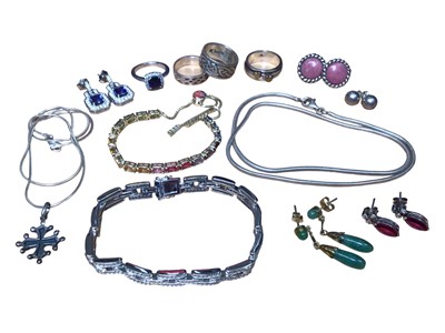 Lot 54 - Group of silver rings, two silver chains, two gem set bracelets and various earrings