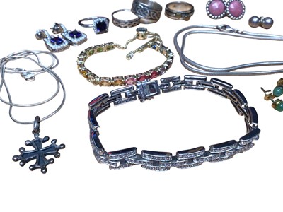 Lot 54 - Group of silver rings, two silver chains, two gem set bracelets and various earrings