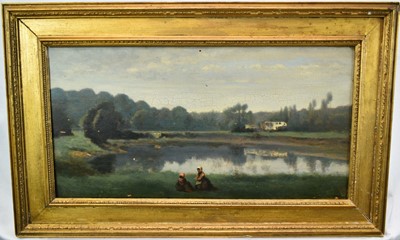 Lot 1244 - Manner of Jean-Baptiste-Camille Corot (1796-1875) oil on panel - Figures by a Lake, 24cm x 47cm in gilt frame