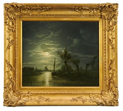 Lot 1198 - Attributed to Sebastien Pether (1790-1844) oil on canvas - Moonlit River Landscape, 29cm x 34cm, in gilt frame