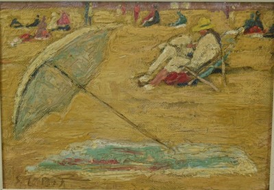 Lot 1211 - Edward le Bas (1904 - 1966) oil on board - Beach Parasol, signed, 24cm x 33cm behind glass in painted frame