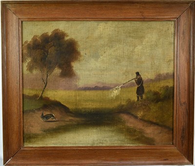 Lot 1205 - English School circa 1830 pair of oils on canvas - Huntsmen wildfowling and rabbit shooting, 46cm x 55cm, in oak frames