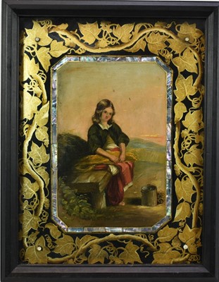 Lot 1242 - Victorian School oil on papier mâché panel - Young Girl in landscape, with gold painted vine decoration, 13cm x 19cm in glazed box frame