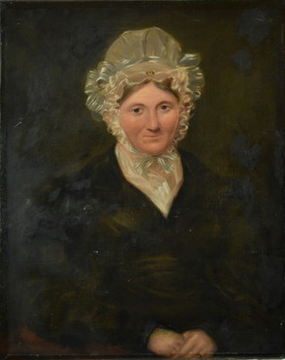 Lot 1212 - English School Early 19th century oil on canvas - Portrait of a Lady Wearing a Bonnet, 79cm x 64cm unframed