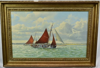 Lot 1243 - William Henry Bishop (b.1942) oil on canvas - CK328 'Sunbeam' and CK258 'Charlotte Ellen' racing off the Bradwell coast, signed, 29cm x 47cm in gilt frame