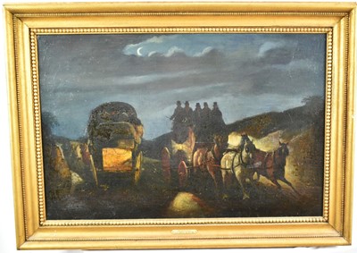 Lot 1206 - Attributed to S.J.E. Jones ( Exh. 1820 - 1945) oil on canvas - The Exeter Coach, 46cm x 70cm, in gilt frame