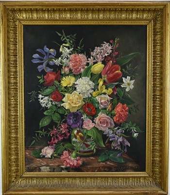 Lot 1207 - Edith Jane Todd (1894-1973) oil on canvas - Still life of Summer Flowers, signed, 60cm x 50cm in gilt frame. Royal Institute Piccadilly exhibition label verso.