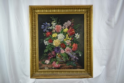 Lot 1207 - Edith Jane Todd (1894-1973) oil on canvas - Still life of Summer Flowers, signed, 60cm x 50cm in gilt frame. Royal Institute Piccadilly exhibition label verso.