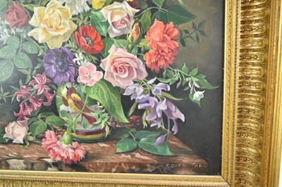 Lot 1207 - Edith Jane Todd (1894-1973) oil on canvas - Still life of Summer Flowers, signed, 60cm x 50cm in gilt frame. Royal Institute Piccadilly exhibition label verso.