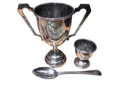 Lot 148 - Group of costume jewellery, watches, silver two handled trophy, silver egg cup and a silver teaspoon