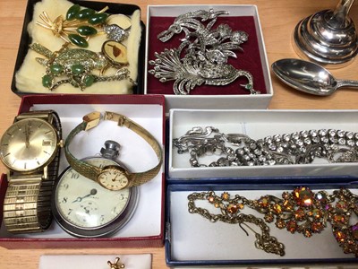 Lot 148 - Group of costume jewellery, watches, silver two handled trophy, silver egg cup and a silver teaspoon