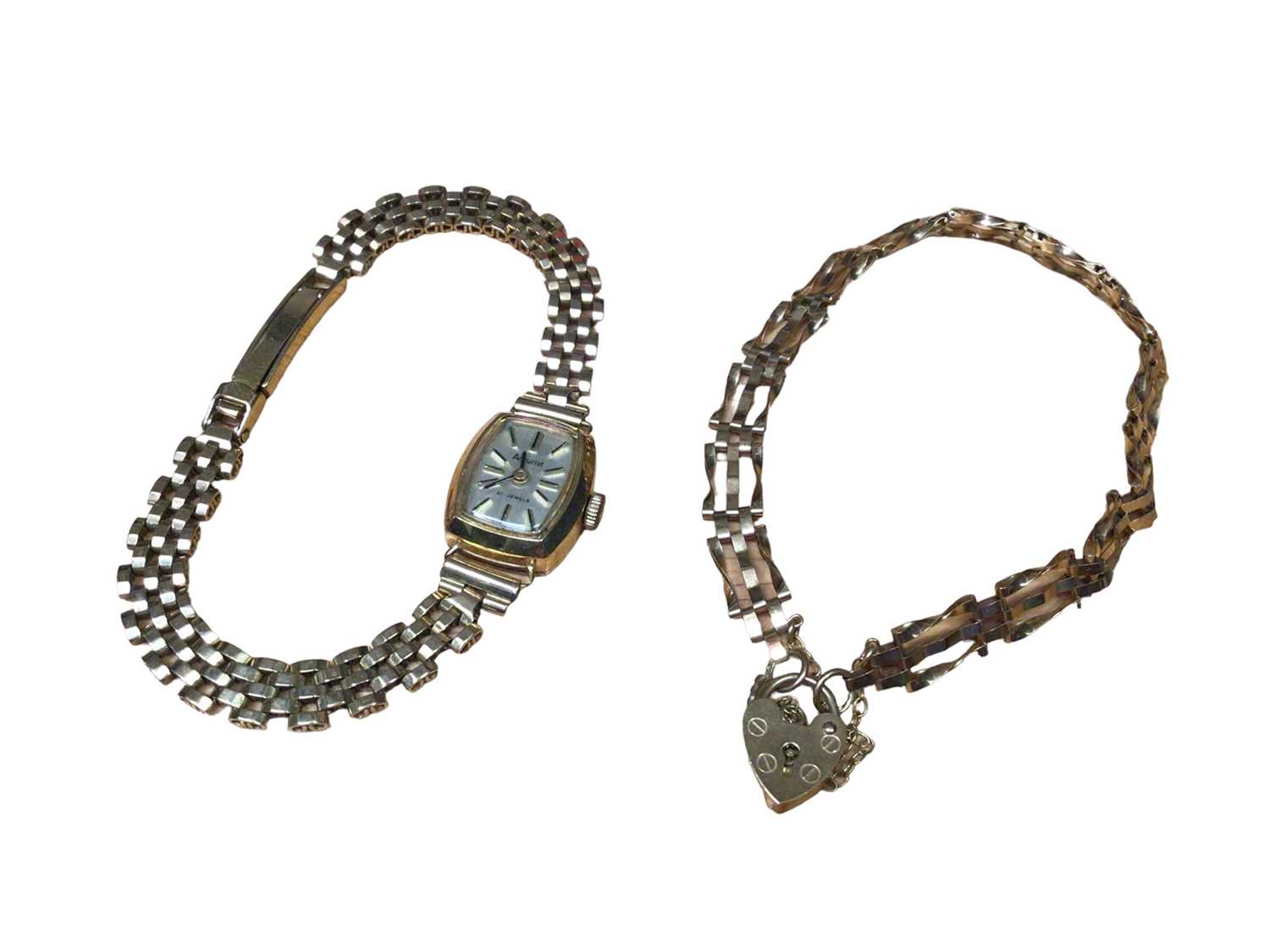 Lot 149 - Vintage 9ct gold Accurist wristwatch on 9ct gold bracelet, together with a 9ct gold gate bracelet with padlock clasp (2)