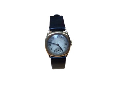 Lot 150 - 1940s 9ct gold cased wristwatch in cushion shaped case (Chester 1940) on a replacement black leather strap