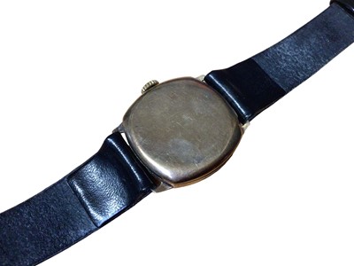 Lot 150 - 1940s 9ct gold cased wristwatch in cushion shaped case (Chester 1940) on a replacement black leather strap
