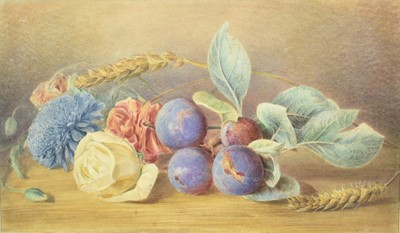 Lot 1343 - William Henry Hunt (1790-1864) watercolour - Still Life, Flowers and Plums, signed, 20cm x 34cm, in glazed gilt frame