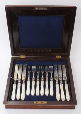 Lot 500 - Early Victorian cased dessert set of 12 silver and mother of pearl handled knives and forks