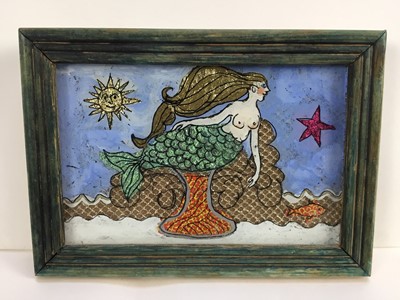 Lot 217 - Patricia Woods (1928-2018) mixed media panel, A Mermaid, signed, titled and dated 2008 verso, framed, 13cm x 18cm overall