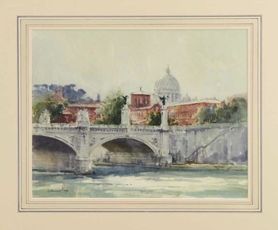 Lot 1235 - Dennis Page (b.1926) watercolour - St Peter's Basilica from the River, signed, 35cm x 44cm, in glazed frame