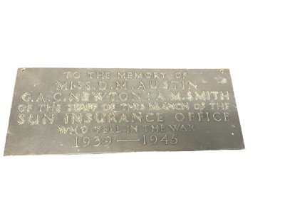 Lot 654 - Second World War bronze memorial plaque for fallen staff members of the Sun Insurance 1939-1945 13 x 32cm