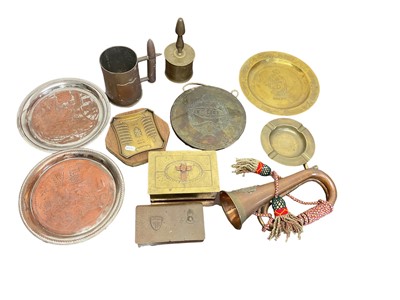 Lot 672 - First World War Trench Art bell, 1930s tankard, Tank Corps gong and other military metalware including bugle