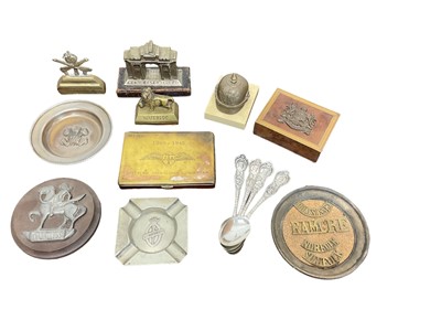 Lot 677 - First World War Manchester Regiment Officers desk weight with bronze badge and other military metalware