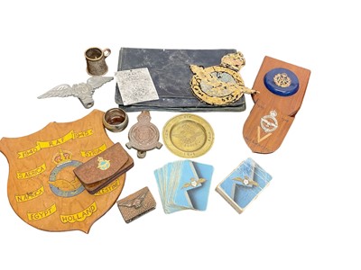 Lot 682 - Second World War W.A.A.F. Handbag with embossed badge, two packs R.A.F. Playing cards  and lot R.A.F. Related plaques and metalware