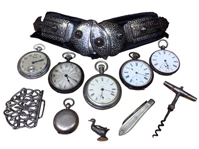 Lot 75 - Eastern white metal belt buckle, other silver items and five pocket watches