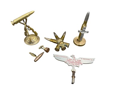 Lot 706 - Group of Trench art items, to include a pair of cufflinks constructed from a bullet, a shooting trophy dated 1944, a Balmoral Tattoo 1944 miniature standard and other items.