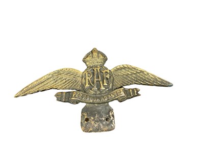 Lot 727 - Scarce Royal Air Force brass Officers car badge, stamped with Air Ministry and broad arrow marks, approximately 23cm in width.