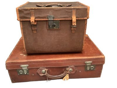 Lot 2178 - Vintage leather suitcase and square canvas and leather case.