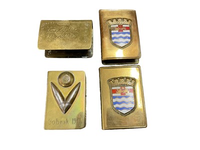 Lot 728 - Group of four First and Second World War brass Trench Art match box covers, to include two County of London War Hospital, Christmas 1916, another marked Tobruk 1941 and the other engraved 'Serg. Ju...
