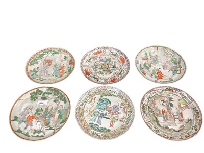 Lot 1228 - Six 19th century Chinese polychrome porcelain plates decorated with figures, birds and flowers