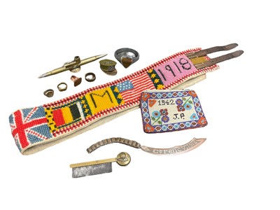 Lot 729 - First World War tapestry covered belt, dated 1918, together with a Second World War beadwork purse, Trench Art rings and other releated items.