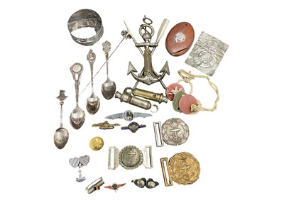 Lot 736 - Two Second World War ARP whistles together with mixed militaria to include sweetheart brooches and prize spoons.